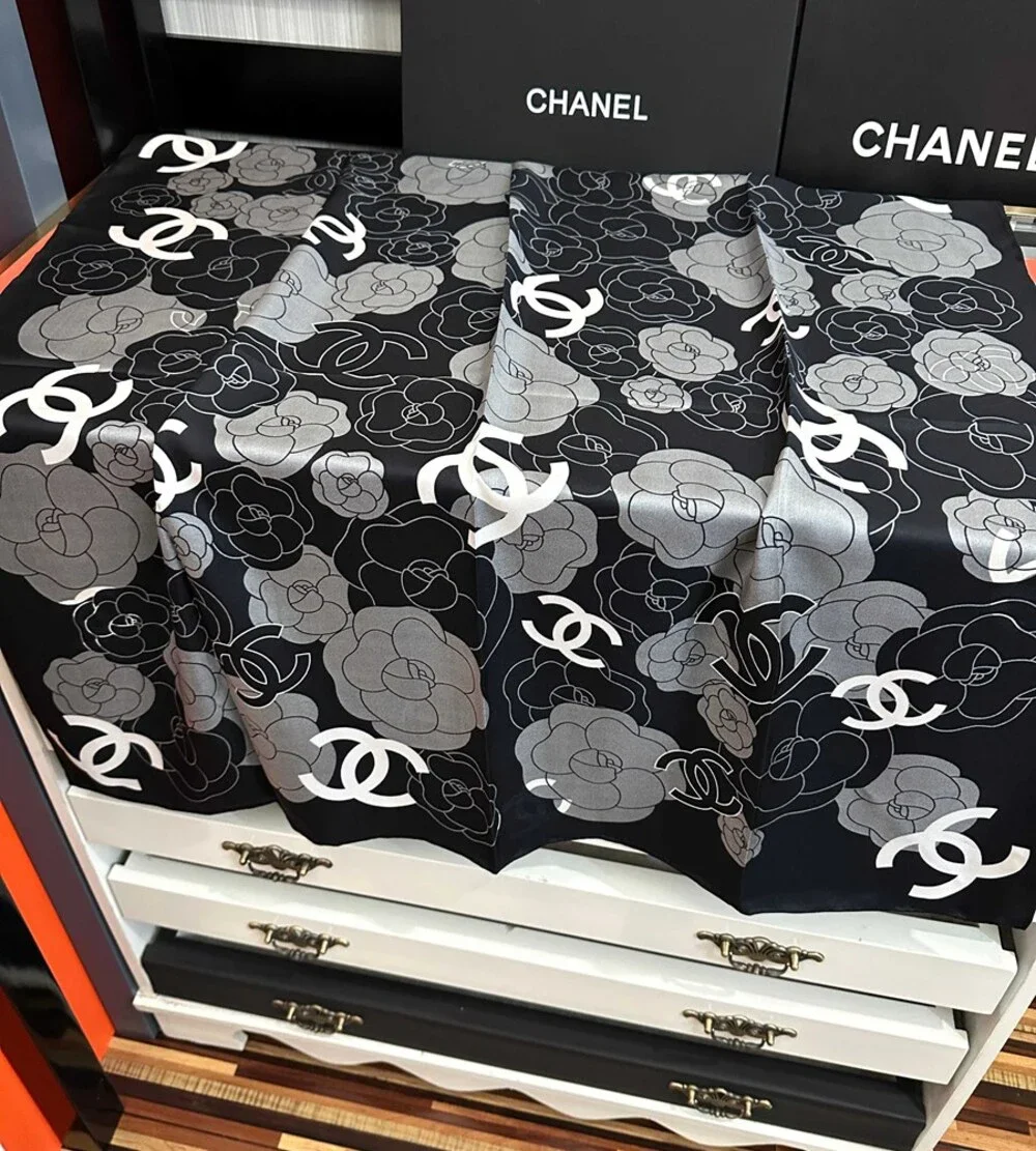 Chanel Camellia & CC Logo Silk Scarf (Black & Gray)
